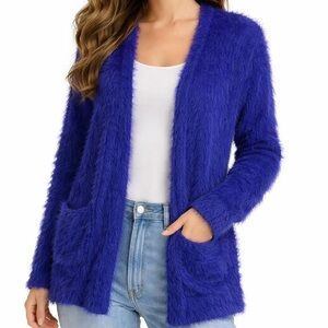 Colleen Lopez Women’s  Purple Eyelash Knit Cardigan L Cozy Open Front Fuzzy Bold